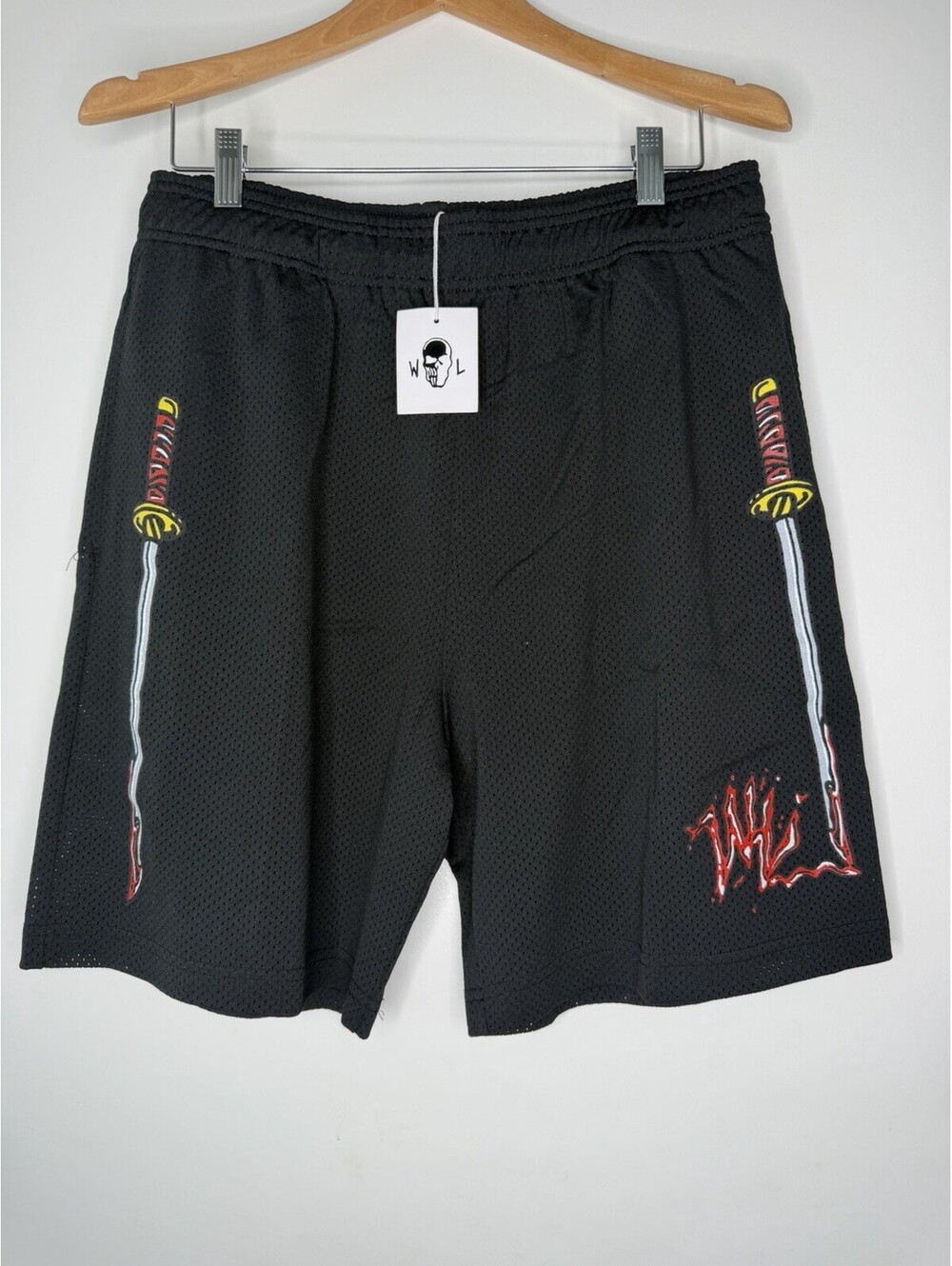 Warren Lotas Black Bloody Katana Sword Japanese Mesh Shorts Large NEW